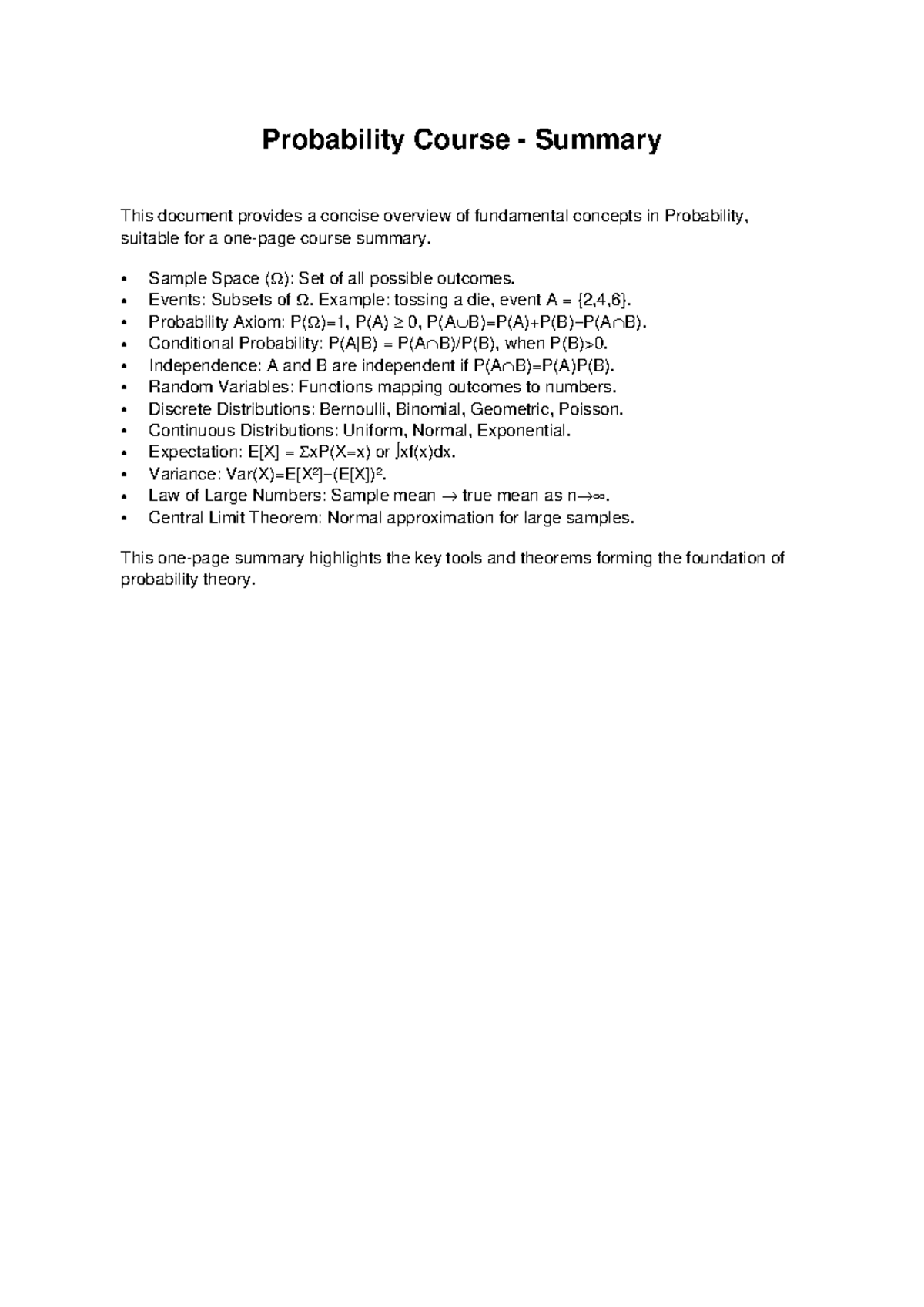 Probability Course Summary: Key Concepts and Theorems - Studeersnel