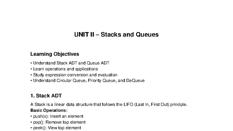 UNIT II Stacks and Queues: Key Concepts and Applications - Studocu
