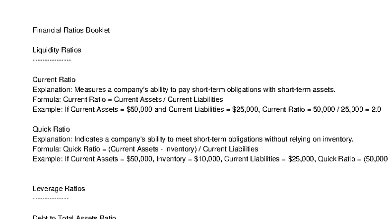 Financial Ratios Booklet: Liquidity & Leverage Ratios Explained - Studocu