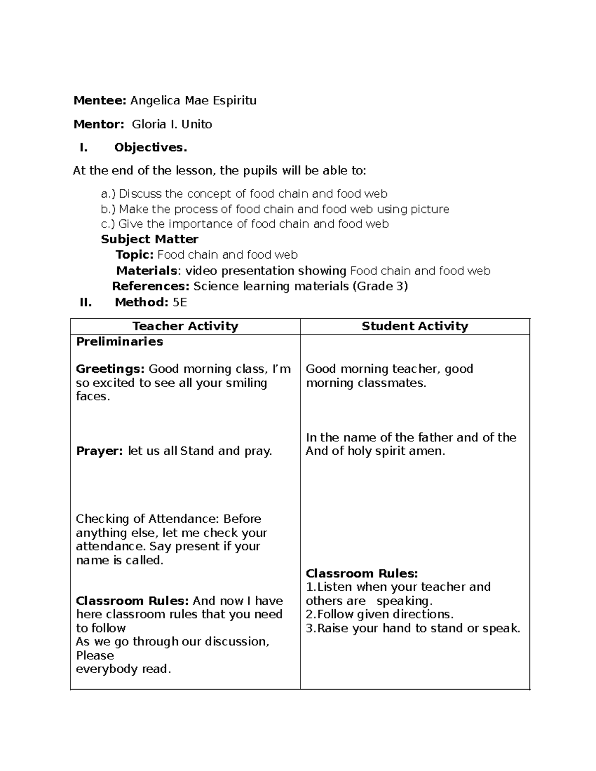 FOOD Chain and FOOD WEB Lesson Plan (Grade 3) - Studocu