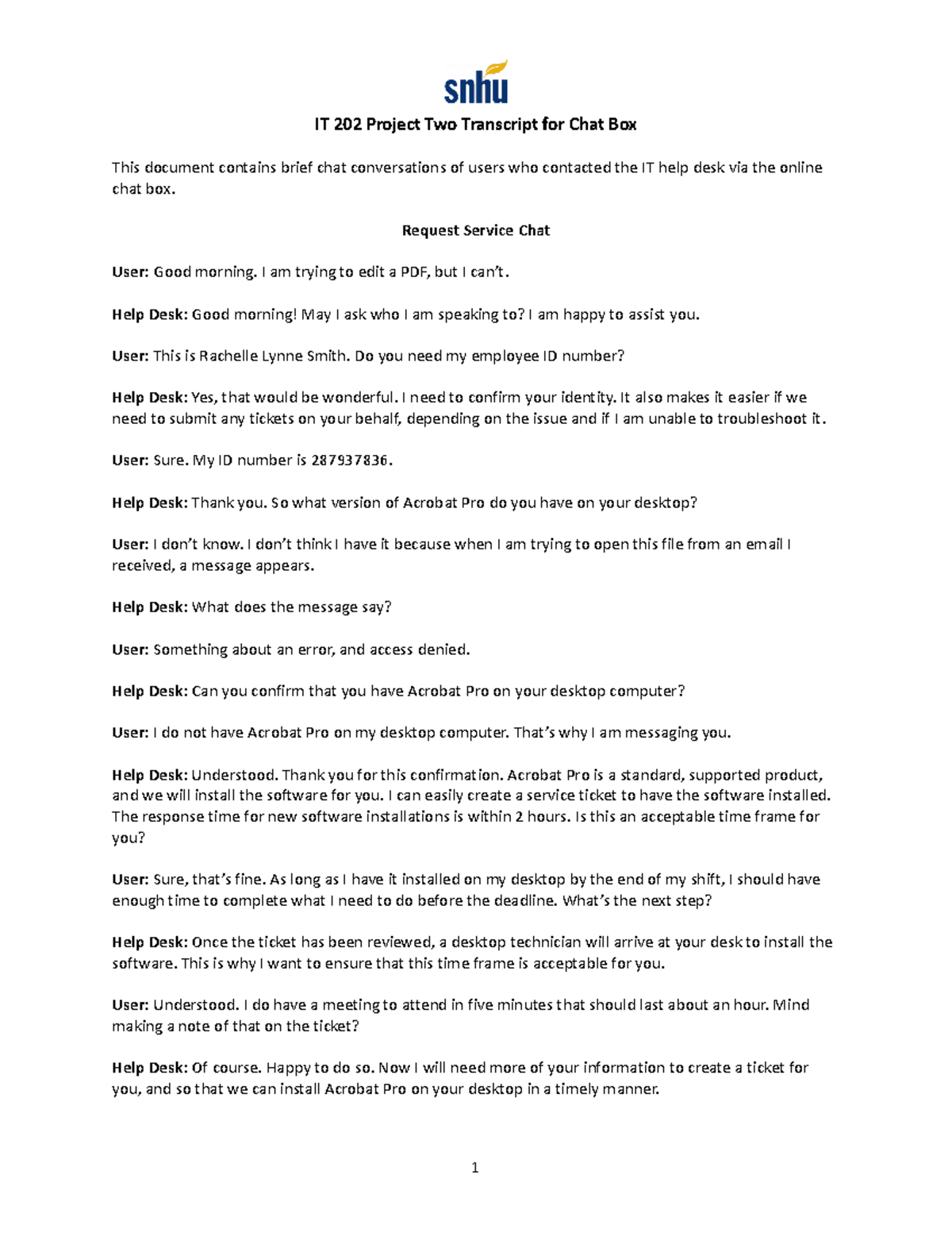 IT 202 Project Two Transcript for Chat Box - Request Service Chat User ...