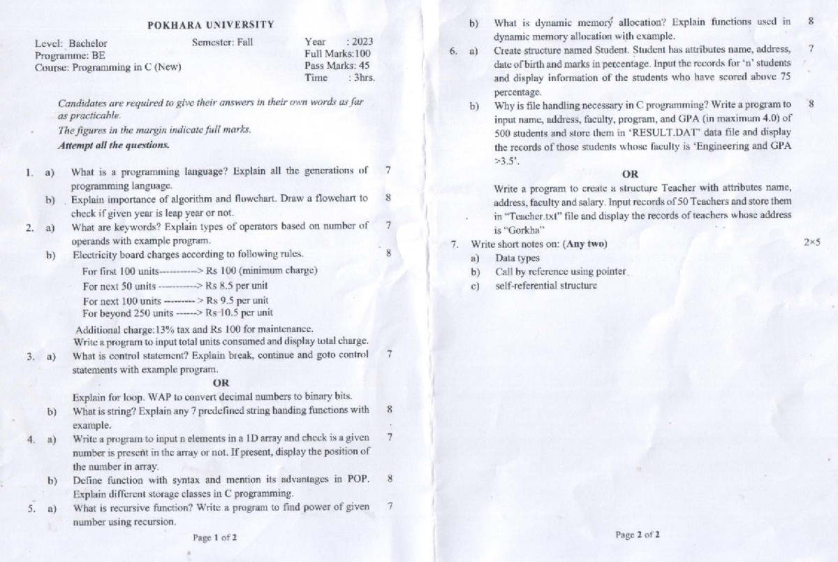 Programming in C (New) - Fall 2023 Exam Notes - Studocu