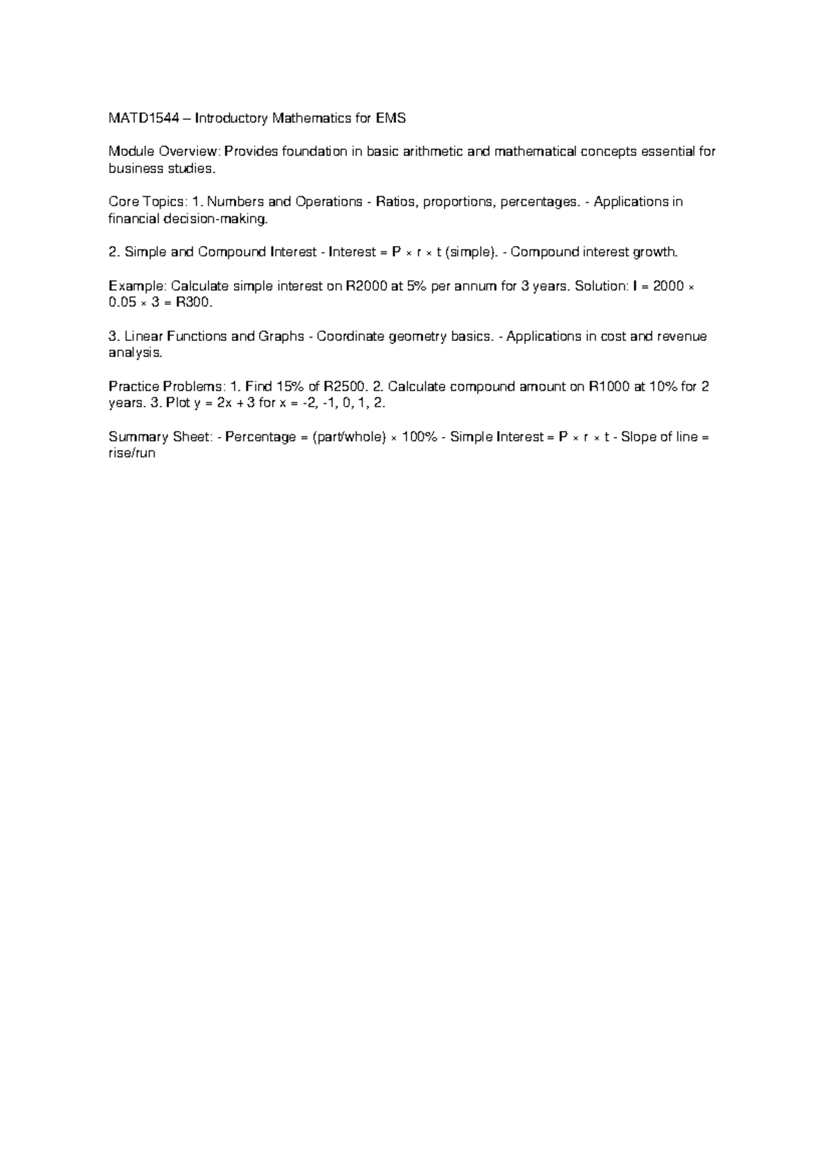 MATD1544 Introductory Math for EMS: Key Concepts & Applications - Studocu