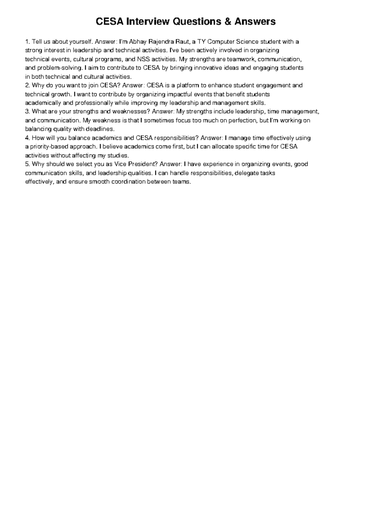CESA Interview Q&A - Essential Guide for CSE Students - Studocu