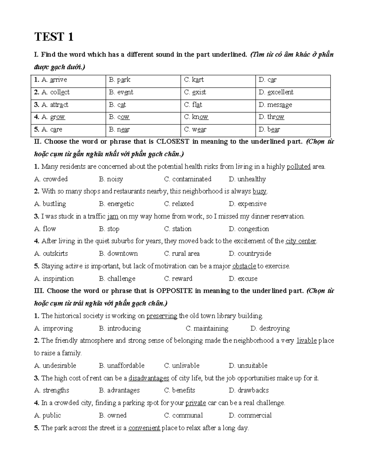 TEST 1 & 2 Review (Unit 1, 2, 3) - Vocabulary & Grammar Practice - Studocu