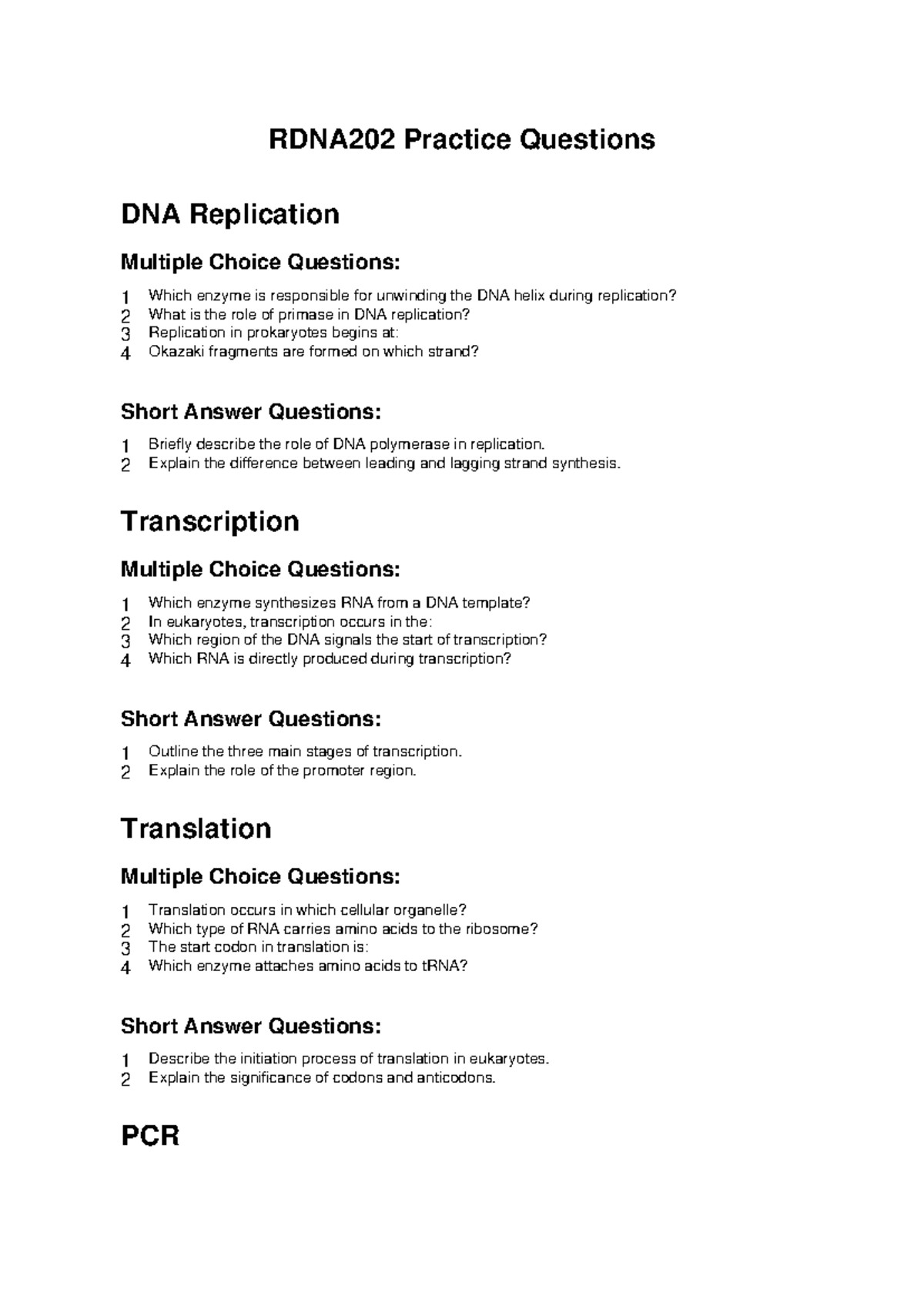 RDNA202 Practice Questions: DNA Replication, Transcription ...