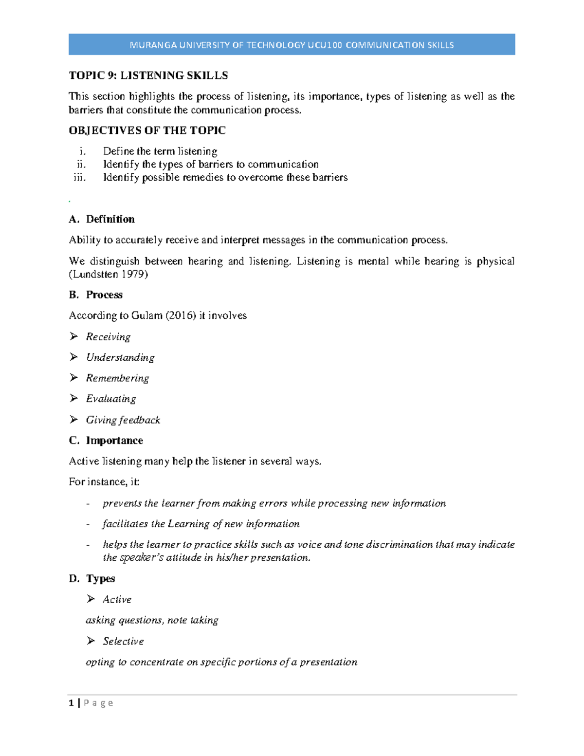 Lesson 10 UCU100 - Listening Skills & Communication Barriers - Studocu