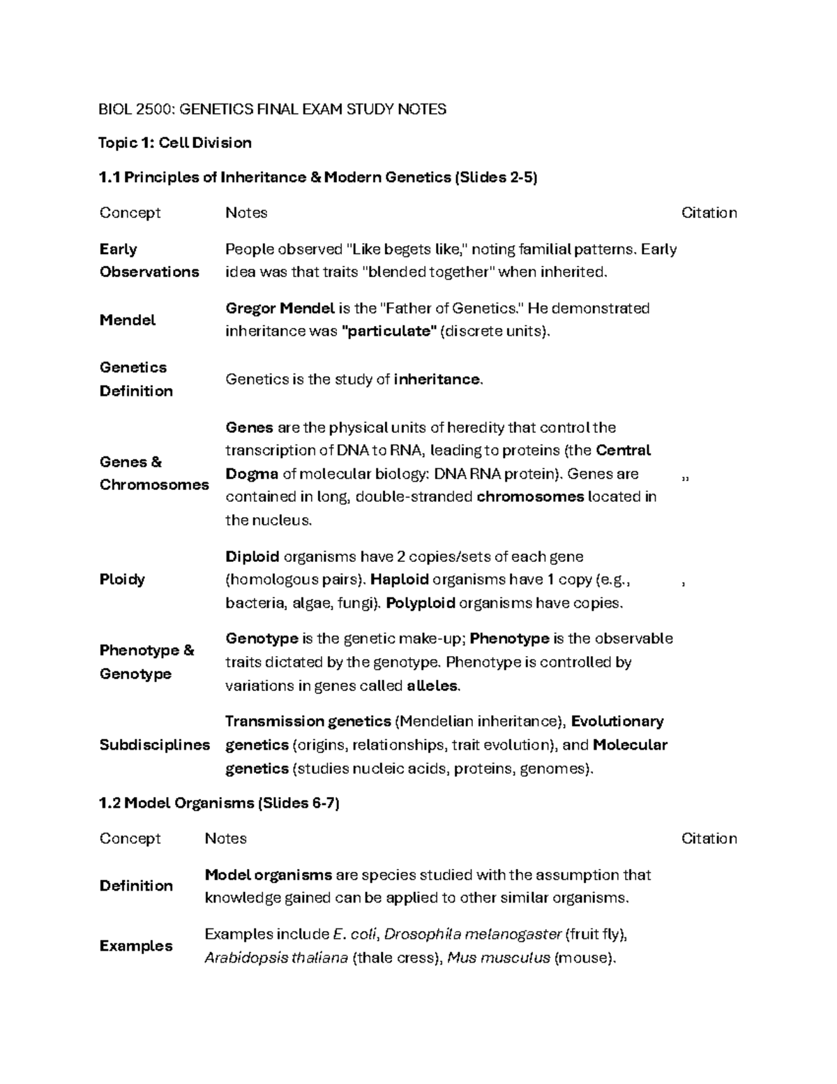BIOL 2500: GENETICS FINAL EXAM STUDY NOTES - Comprehensive Overview ...