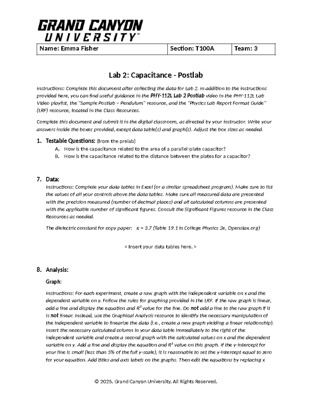 PHY112L RS T1 Lab 2: Capacitance Postlab Report - Studocu