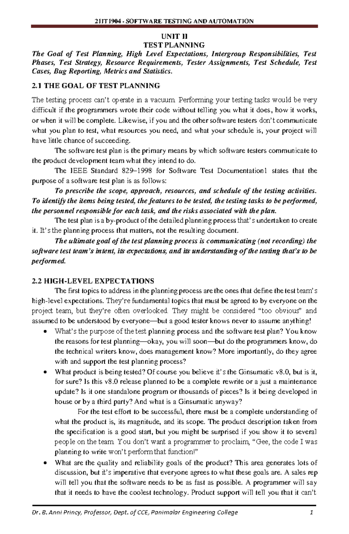 21IT1904 SOFTWARE TESTING AND AUTOMATION UNIT II TEST PLANNING NOTES ...
