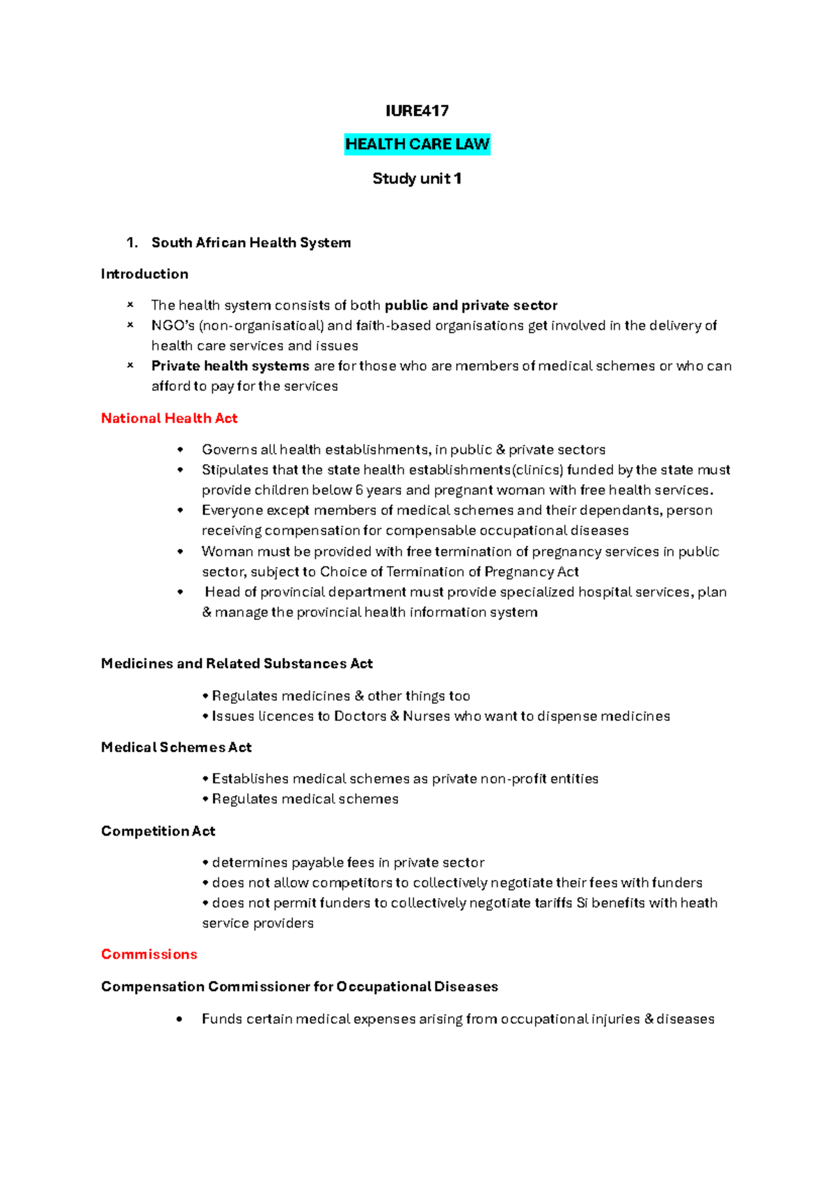 IURE417 Health Care Law: Summary of Unit 1 - South African Health ...