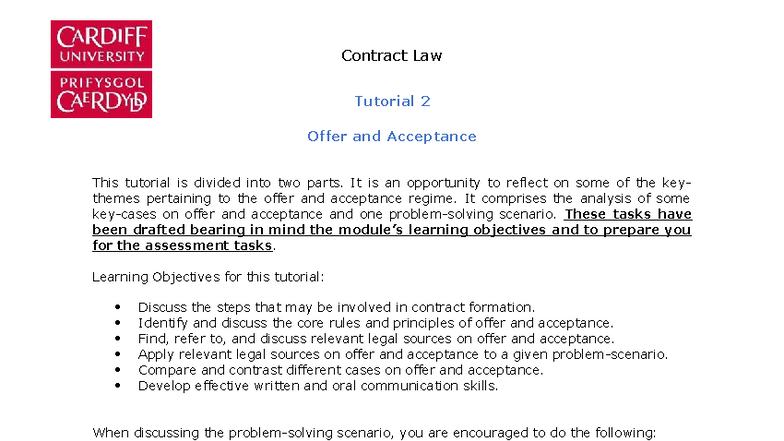Contract Law Tutorial 2: Offer & Acceptance Analysis - Studocu