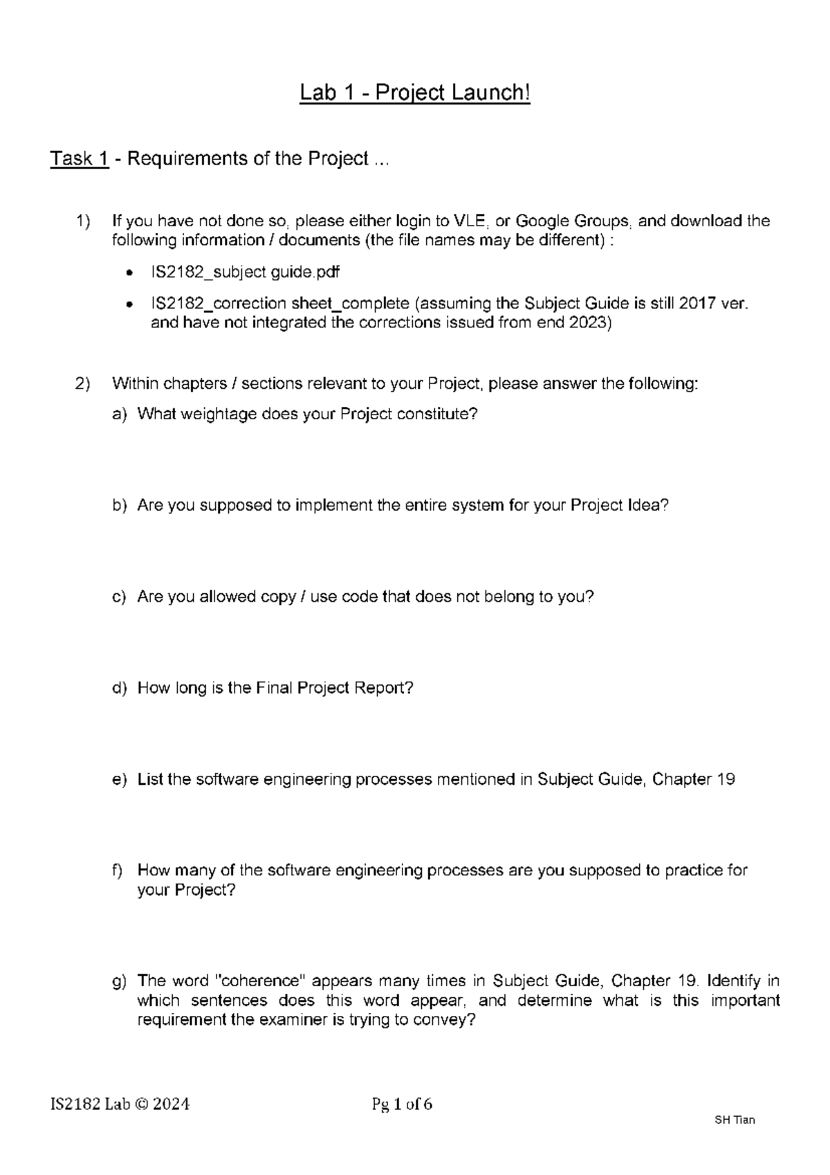 IS2182 Lab1 - holy - Lab 1 Project Launch! Task 1 Requirements of the ...