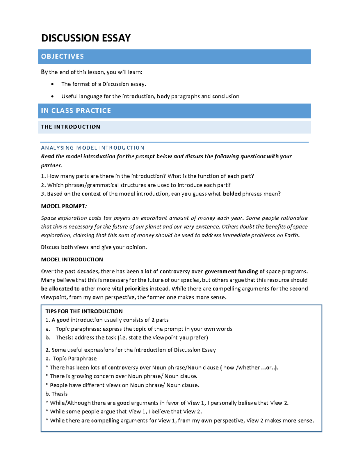 6.5 - Discussion Essay: Objectives and Structure Guide - Studocu