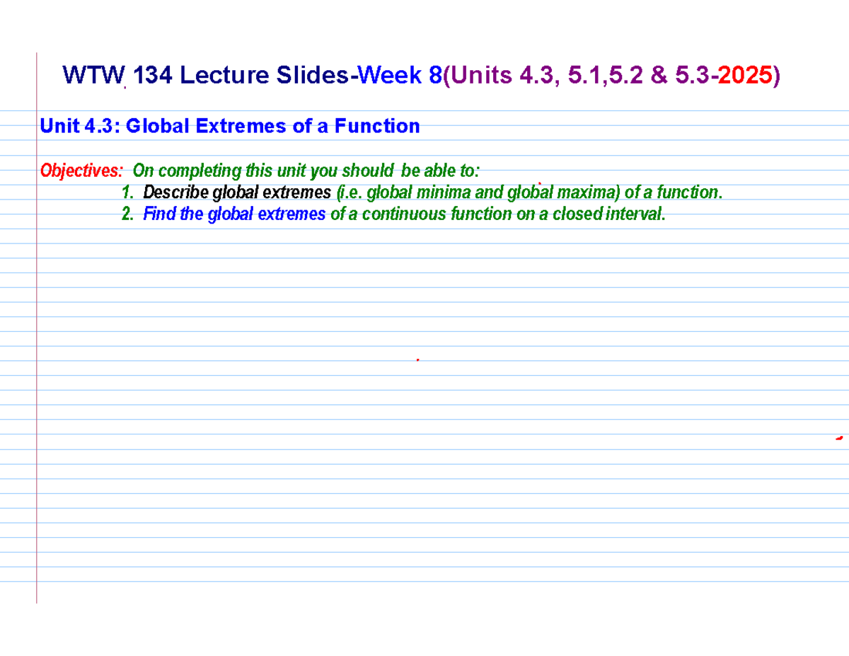 WTW 134 Lecture 8: Global Extremes & Accumulated Change Concepts - Studocu