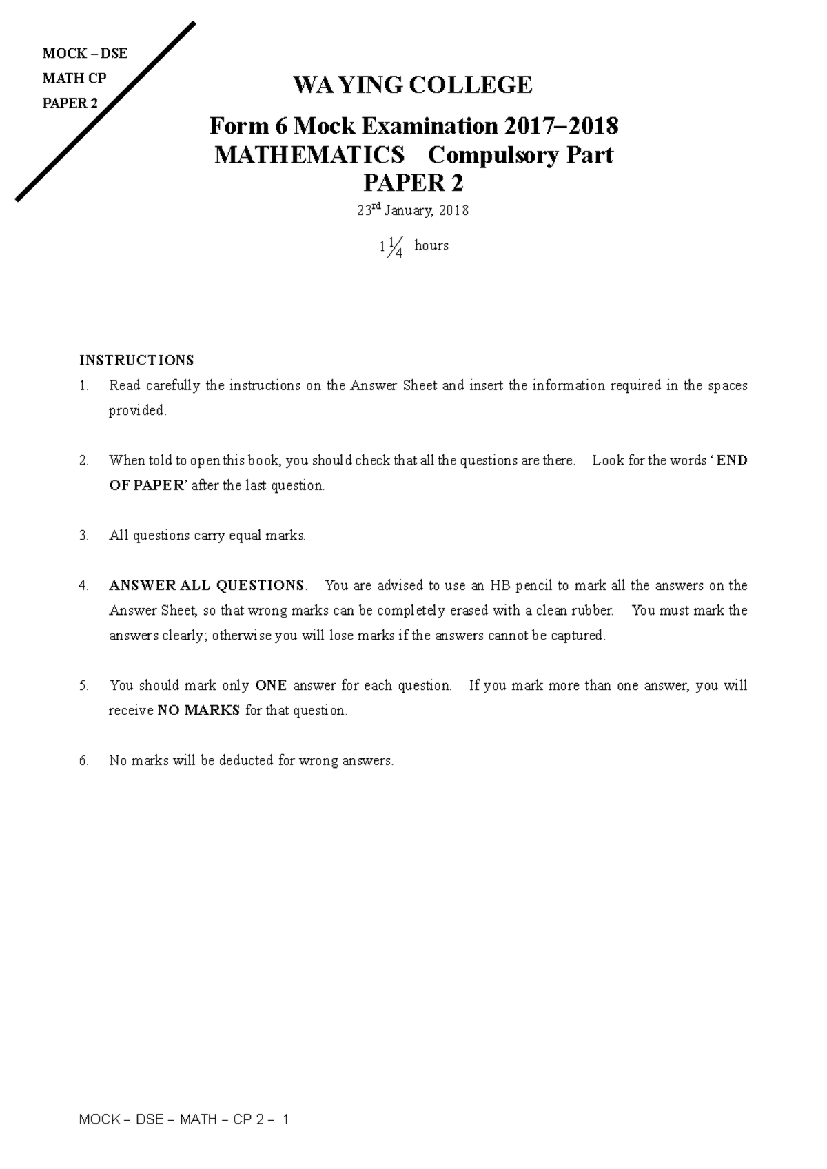 F6 Math 1718 Mock Exam Paper 2 - Compulsory Part - Studocu