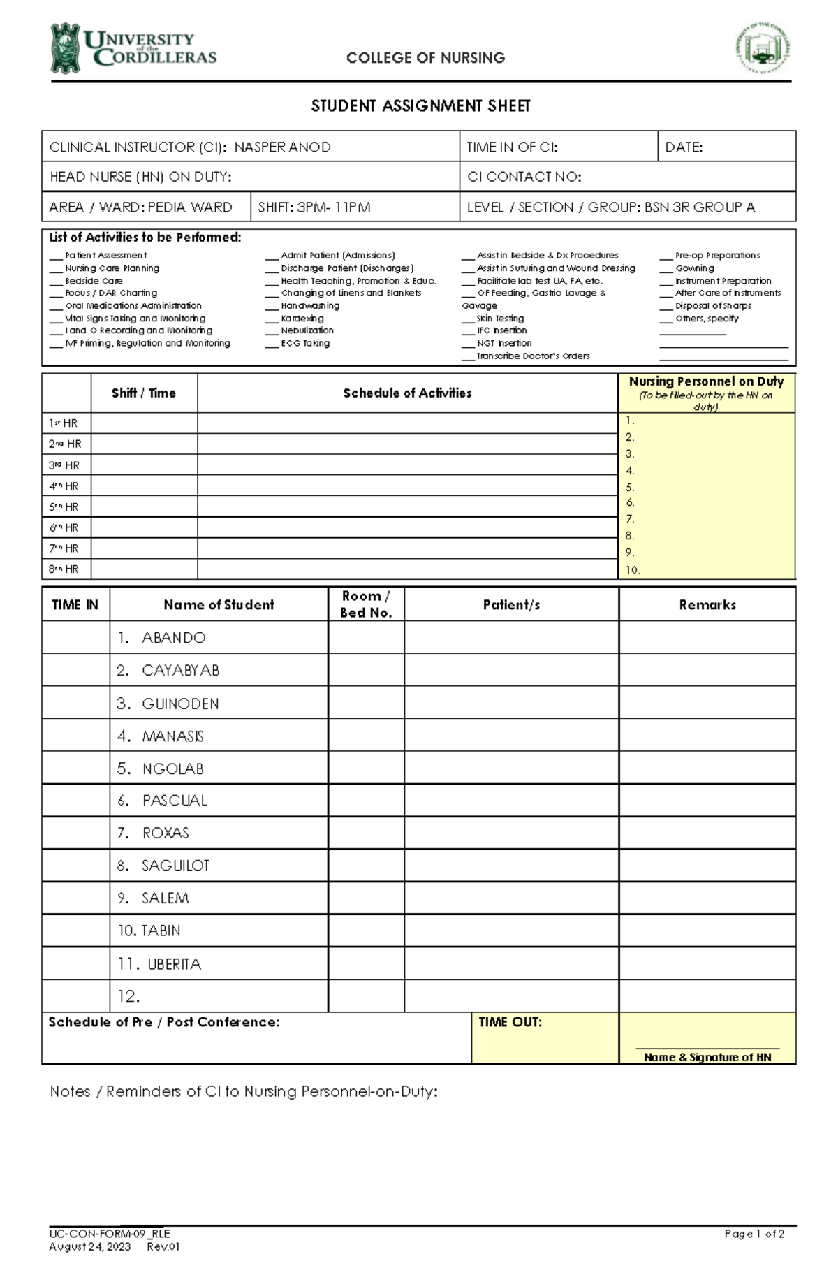 BSN 3R Clinical Assignment Sheet - August 2023 - Studocu