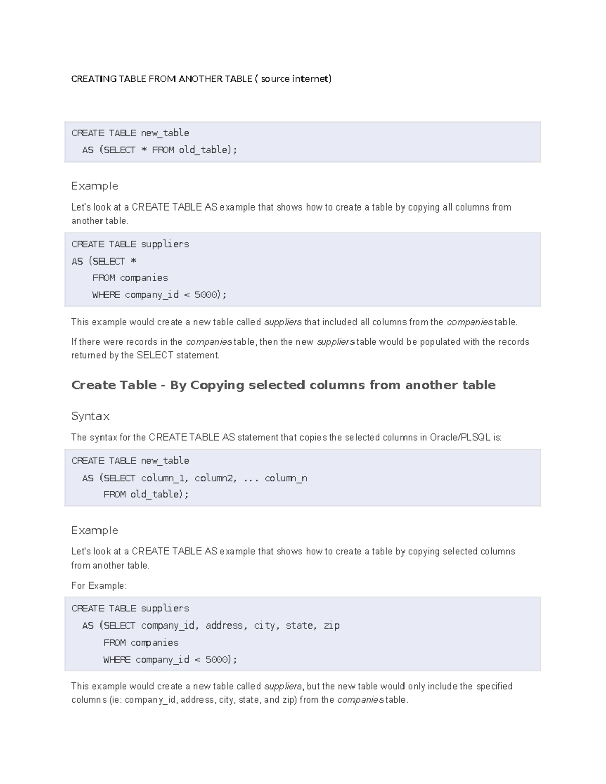 Creating Tables in SQL: Using CREATE TABLE AS Statement - Studocu