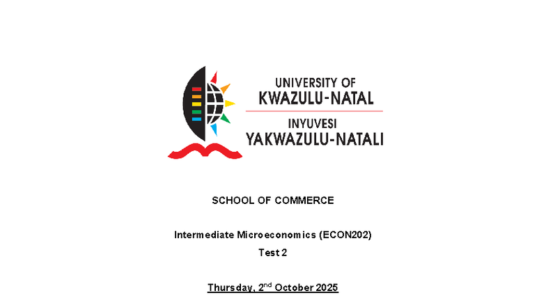 Intermediate Microeconomics (ECON202) Test 2 - October 2, 2025 - Studocu