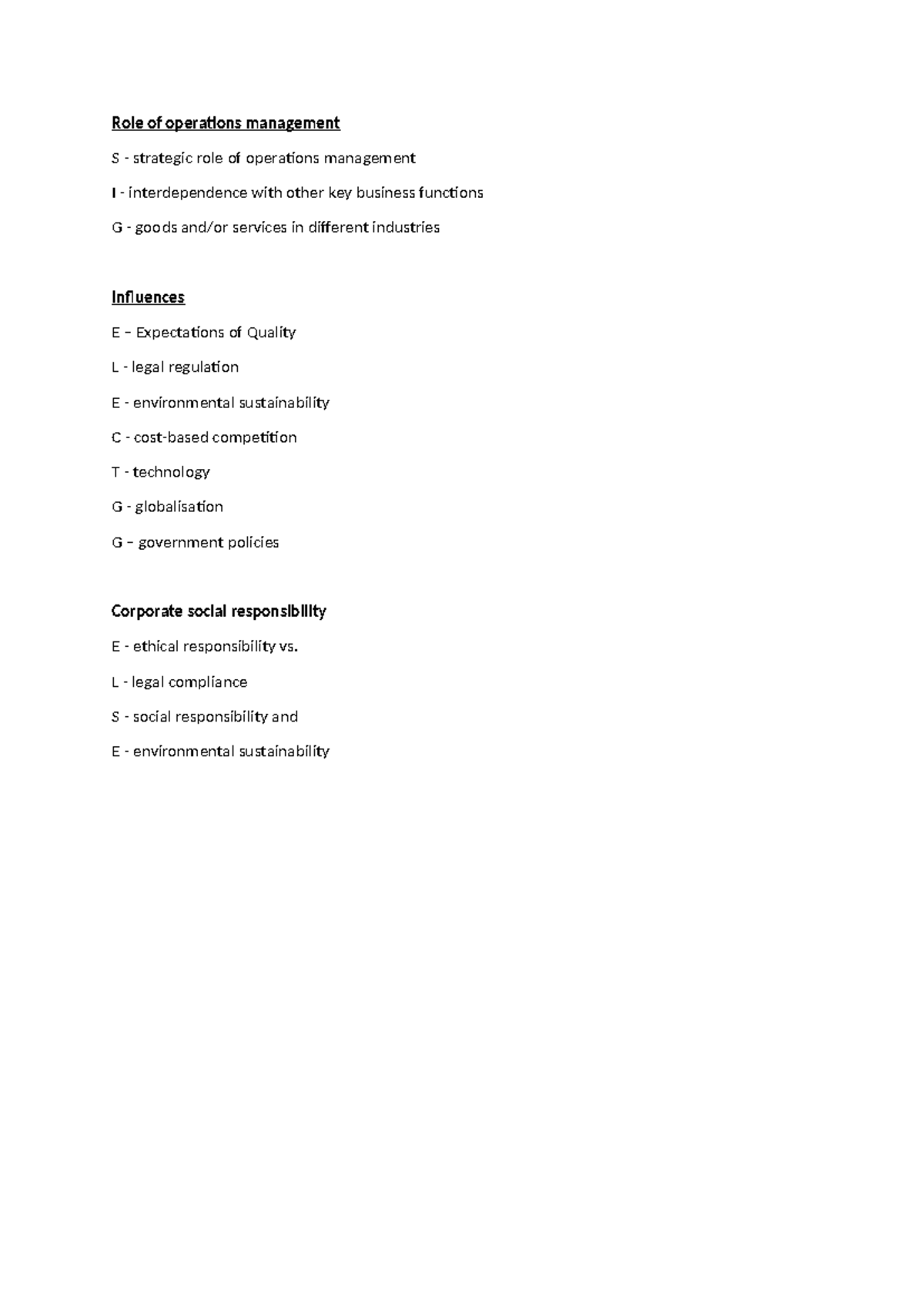 Operations Acronyms - Role of operations management S - strategic role ...
