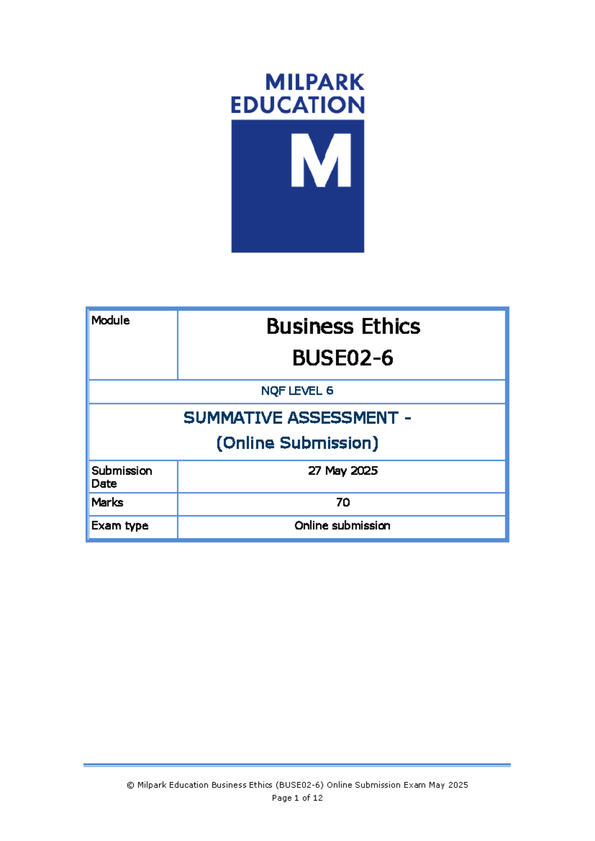 BUSE02-6 Business Ethics Summative Assessment Online Exam May 2025 ...
