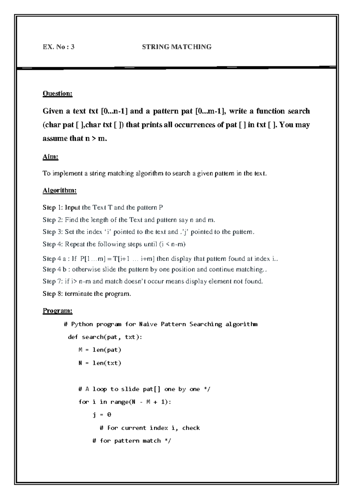 Ex No 3 - WARSHALL’S ALGORITHM - EX. No : 3 STRING MATCHING Question ...