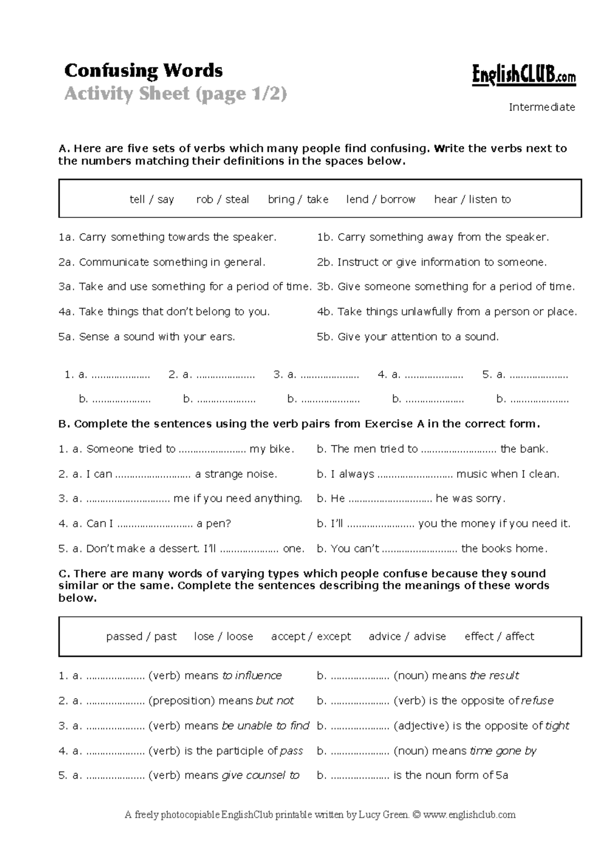 Confusing Words Activity Sheet for Intermediate English Learners - Studocu