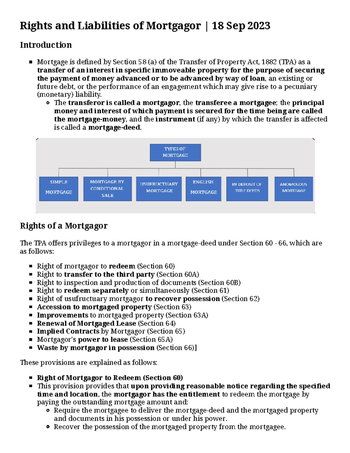 Rights and Liabilities of Mortgagor and Mortgagee: An Overview - Studocu