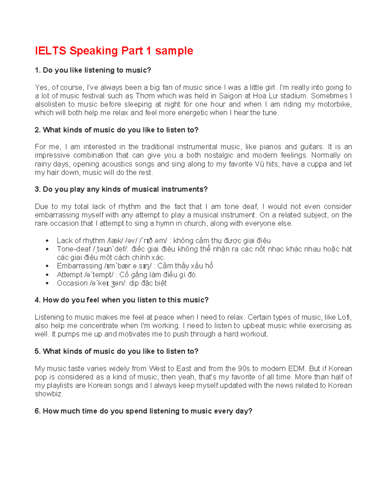 IELTS Speaking Sample Part 1 and 2 - Music and Personal Experience ...