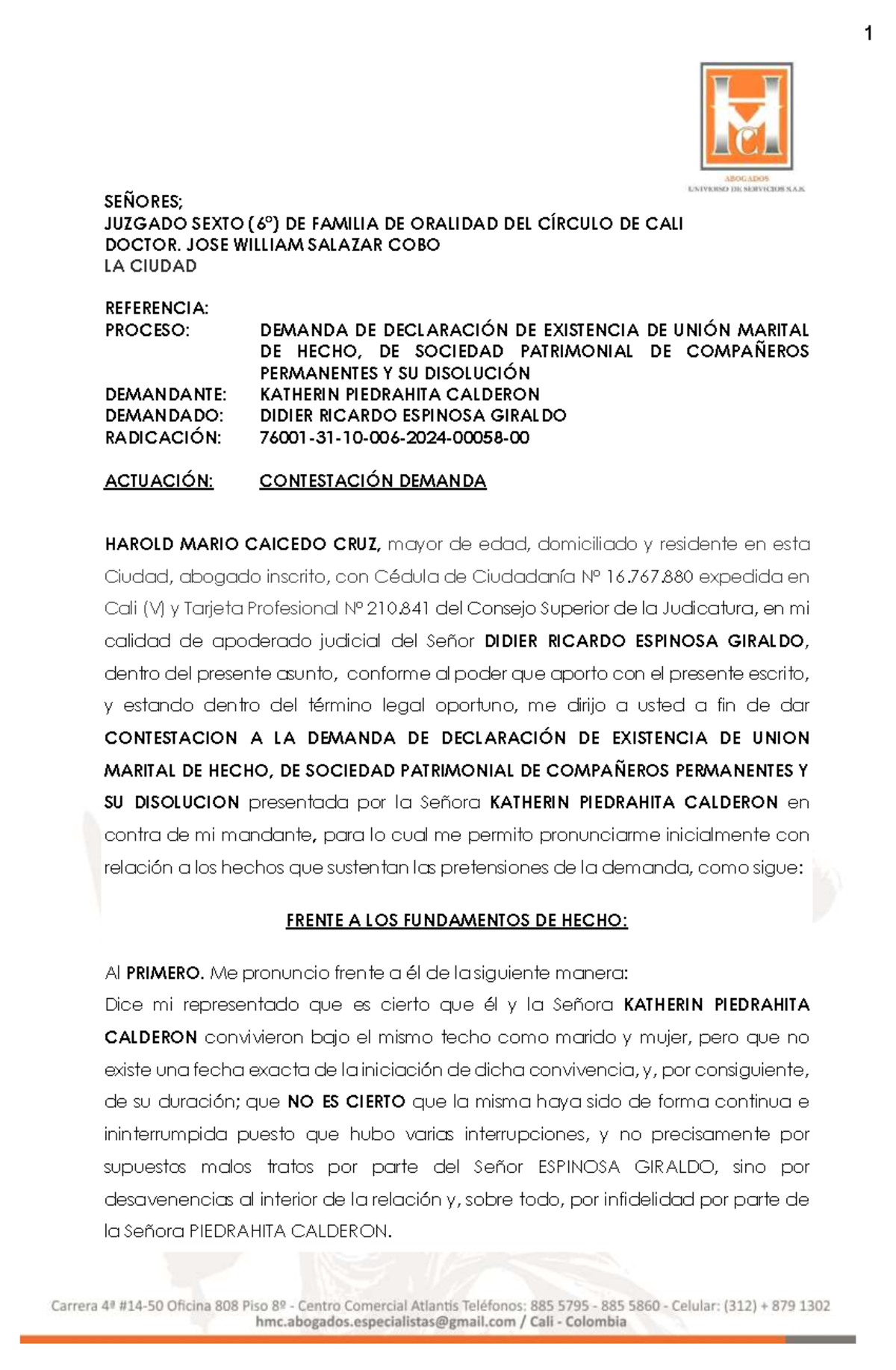 Contestación a la Demanda de Unión Marital de Hecho - Proceso 76001 - Document Preview