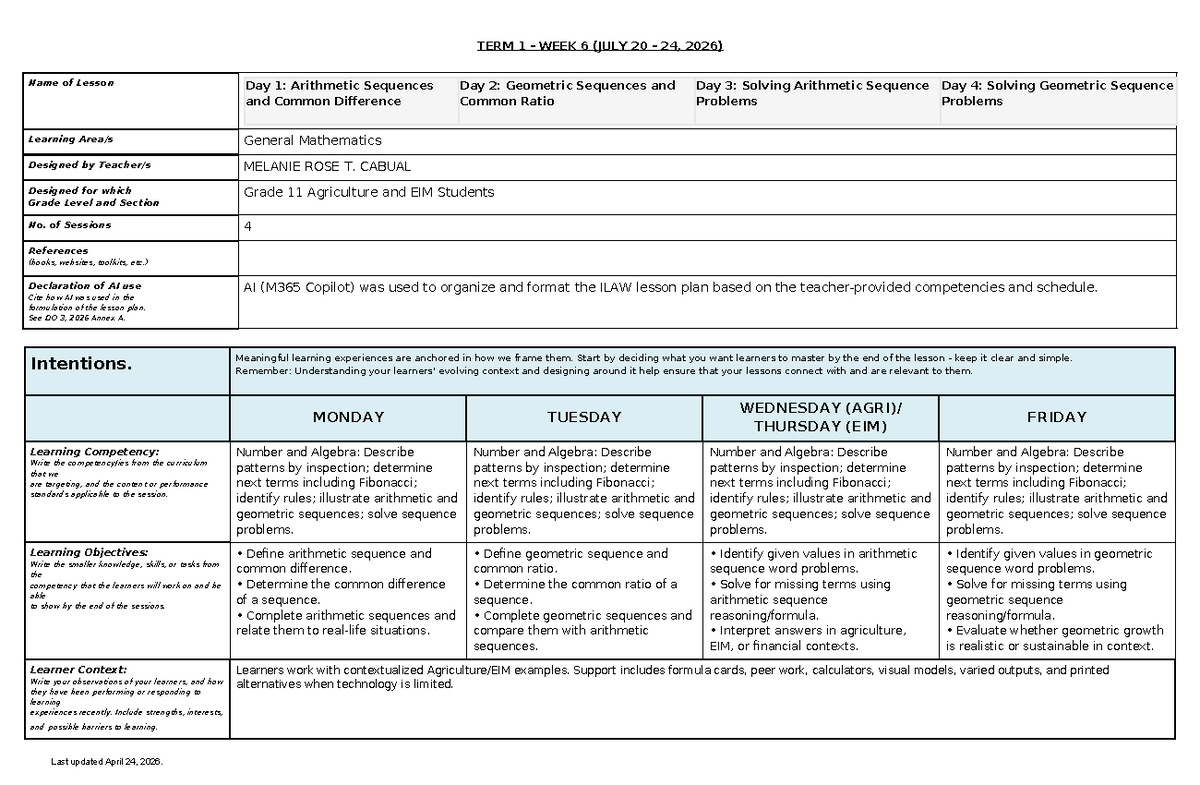 Genmath Lesson Plan: Arithmetic & Geometric Sequences (Grade 11) - Studocu