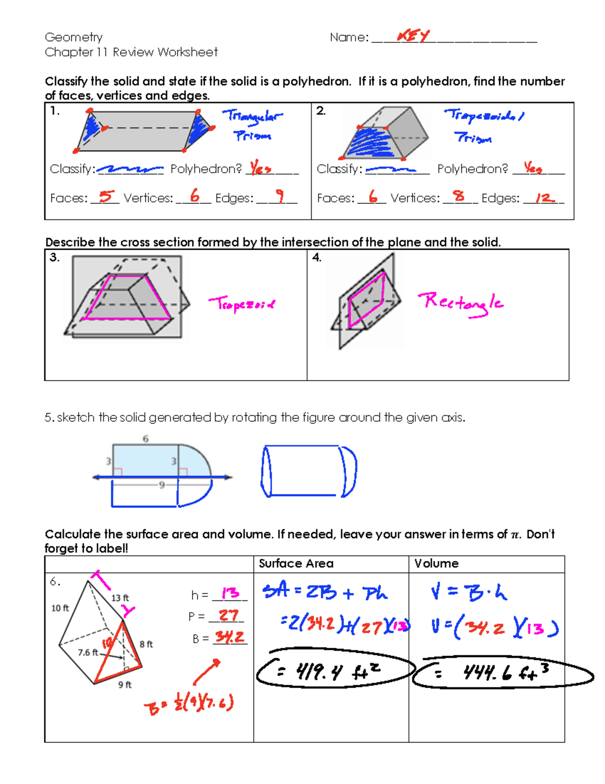 Geometry 3D Unit Review (KEY) - Chapter 11 Worksheet - Studocu