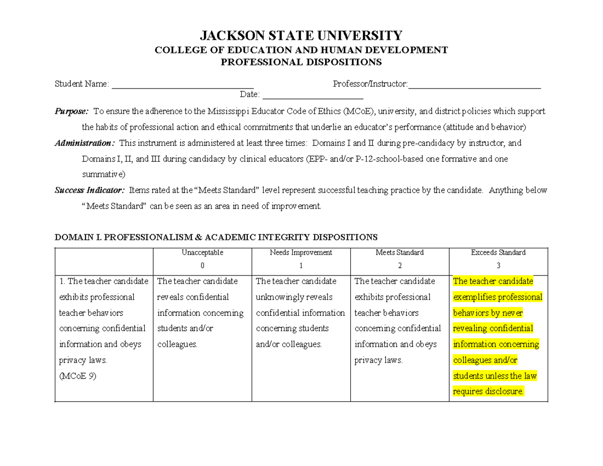 JSU Professional Dispositions - COLLEGE OF EDUCATION AND HUMAN ...