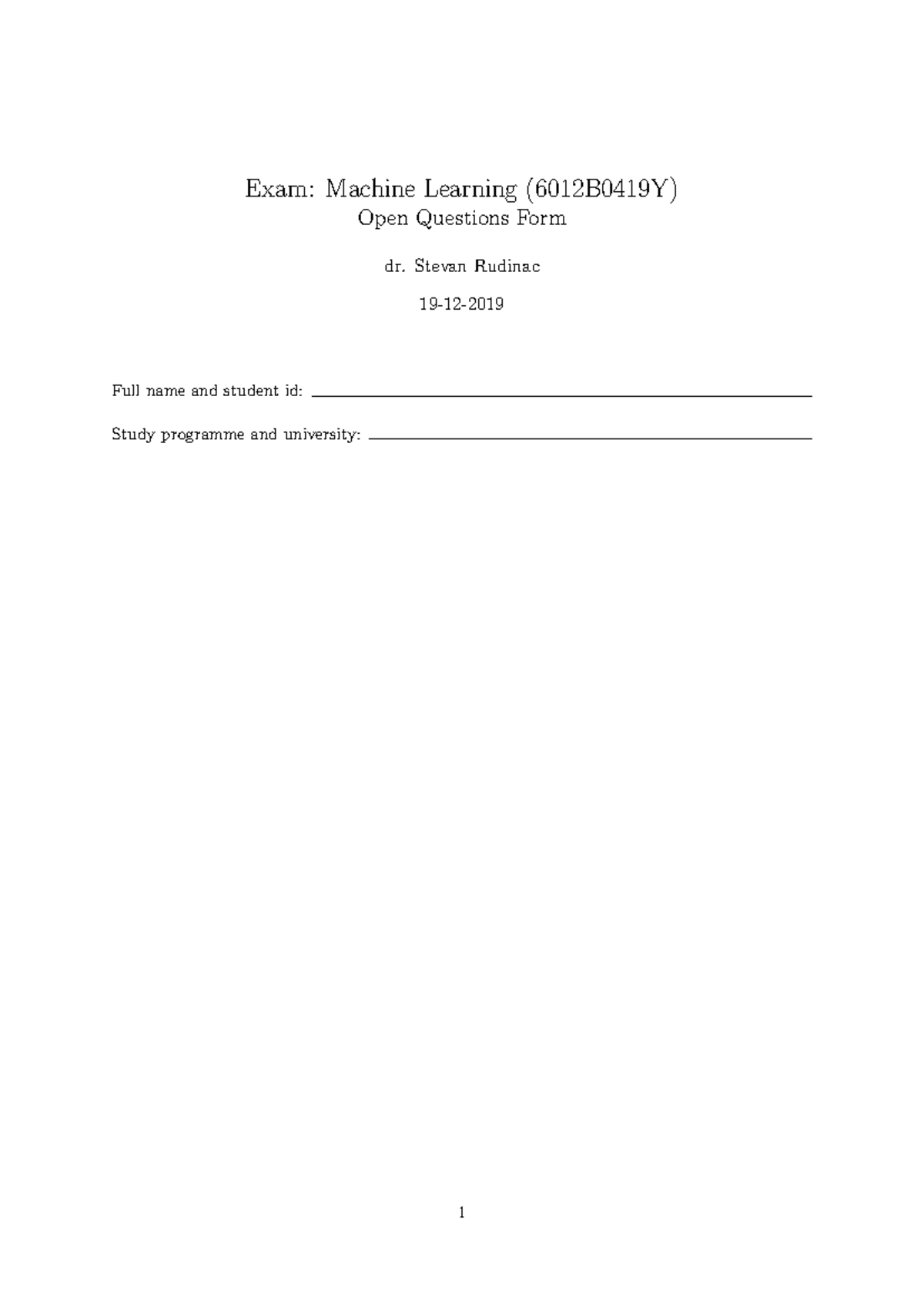 Machine Learning Exam Open Questions - 6012B0419Y - Studeersnel