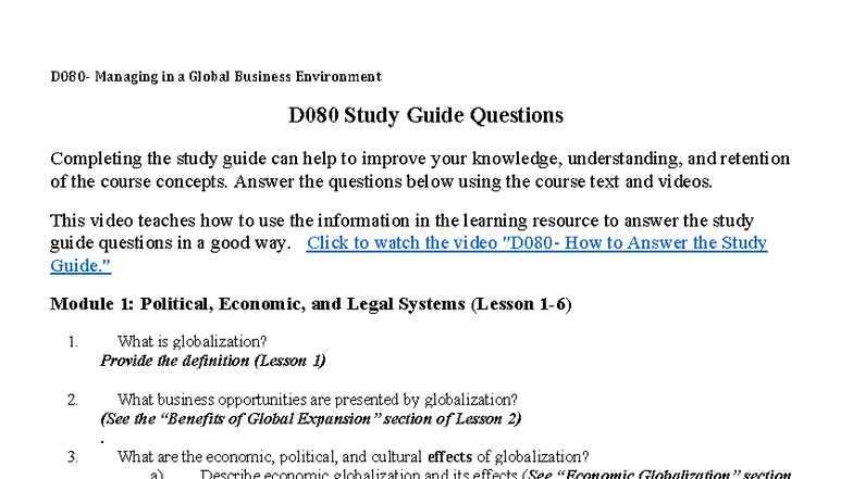 D080 Study Guide: Managing in a Global Business Environment - Studocu