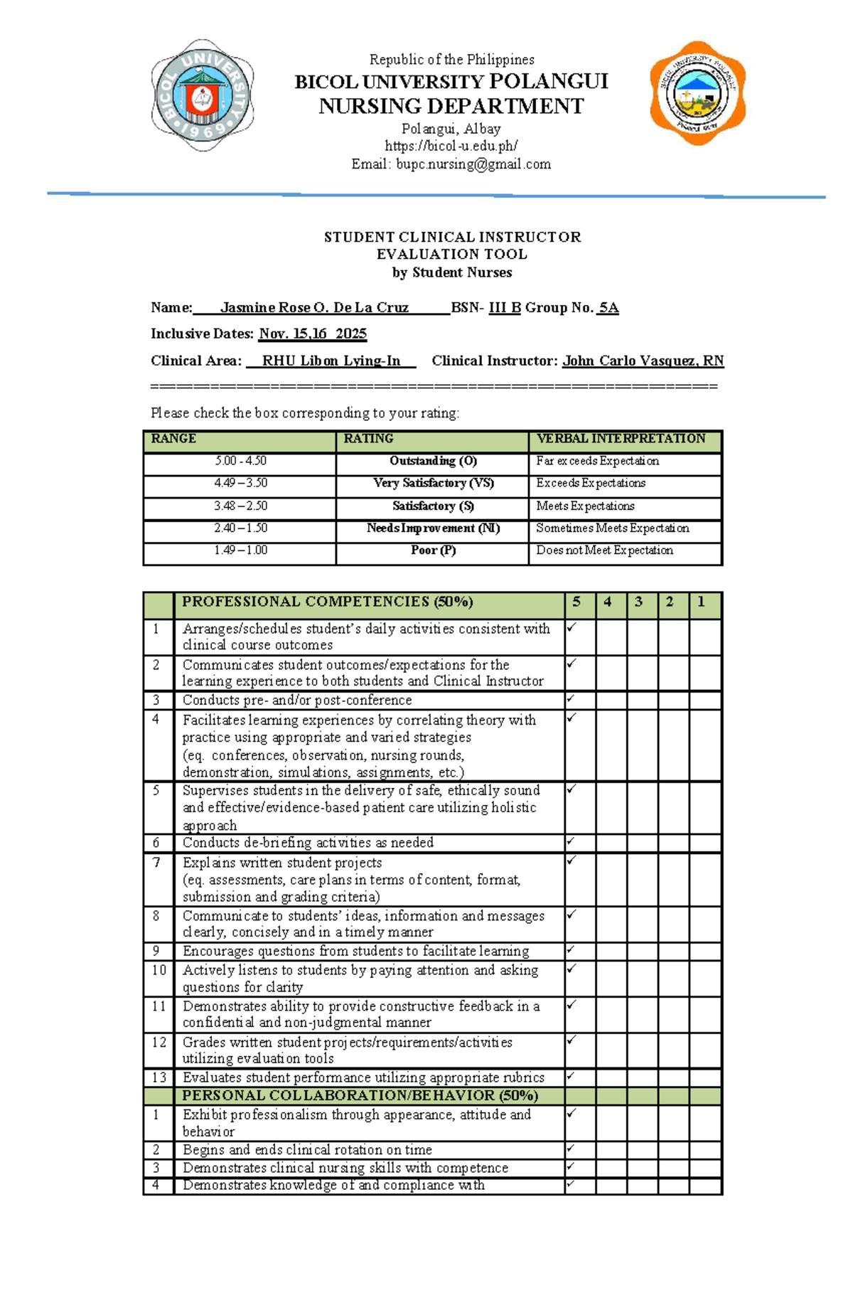 BICOL UNIVERSITY NURSING DEPT: Student Clinical Instructor Evaluation ...
