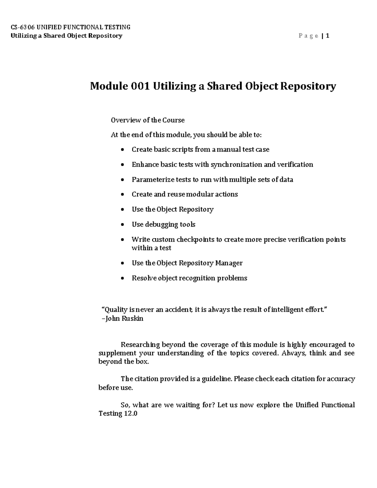 UNIFIED FUNCTIONAL TESTING 12.0: Shared Object Repository Module 001 ...