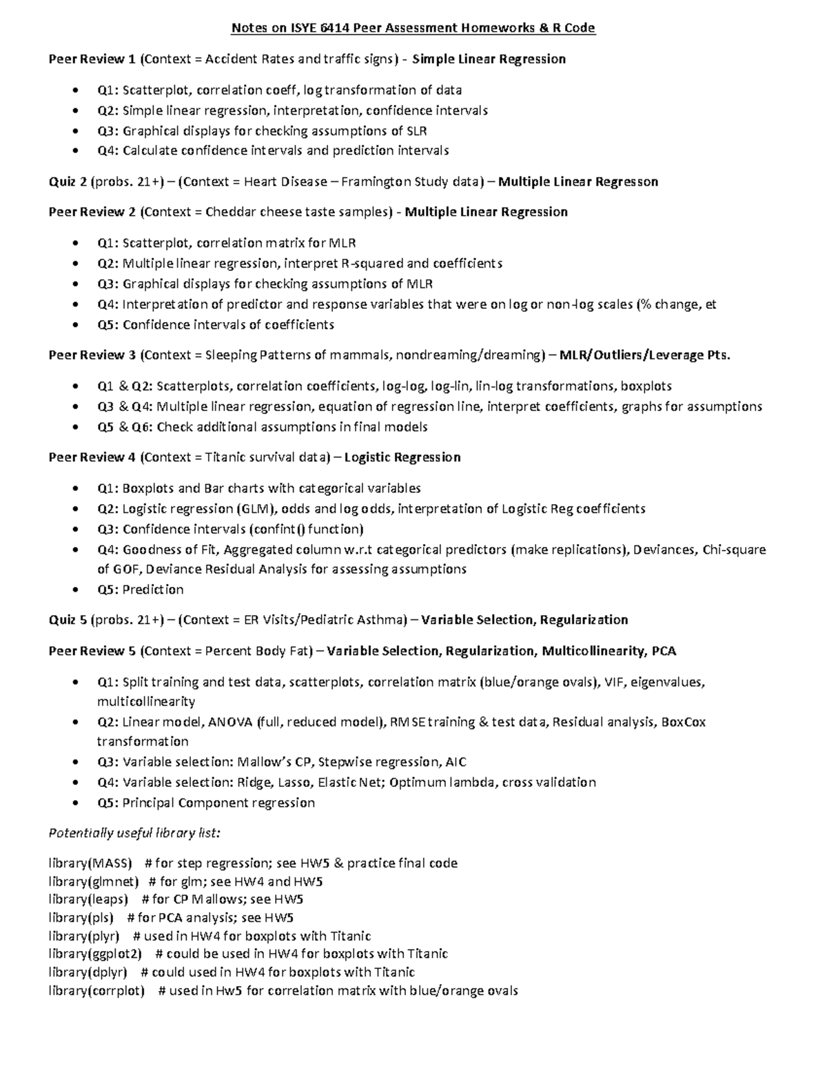 ISYE 6414 Homework Notes: Peer Assessments & R Code Overview - Studocu