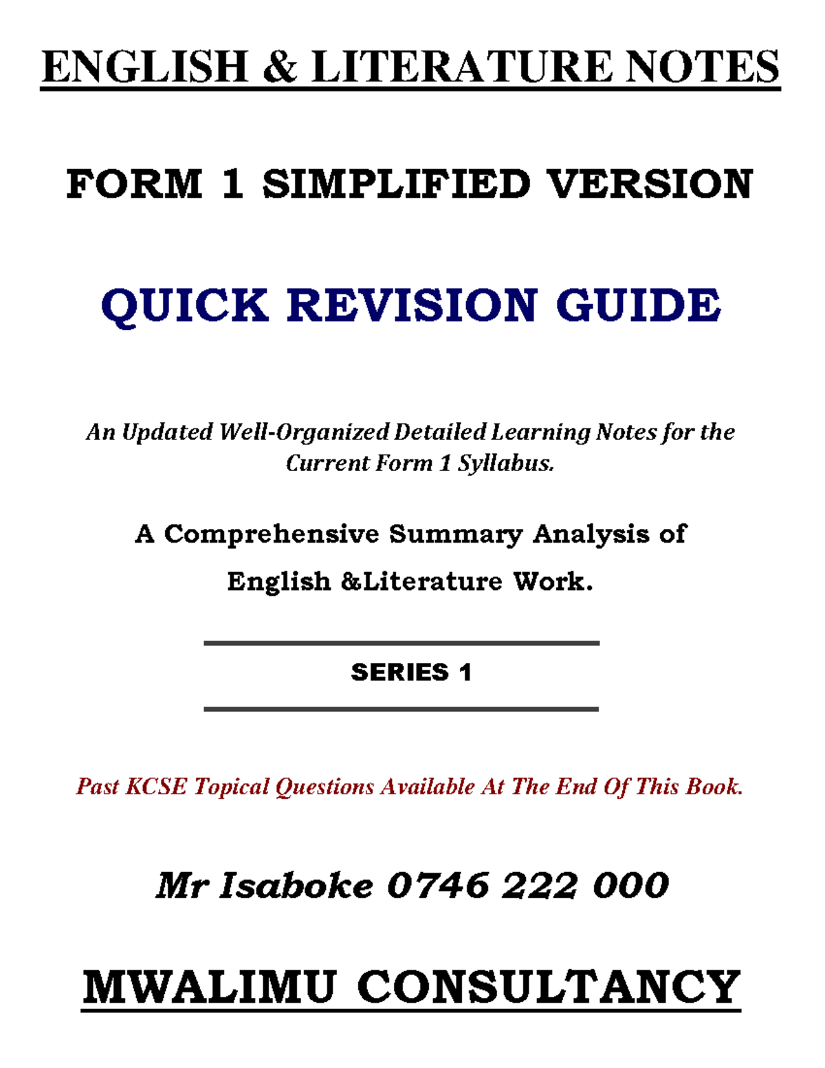 FORM 1 ENG & LIT Simplified Revision Notes & Exercises - Studocu