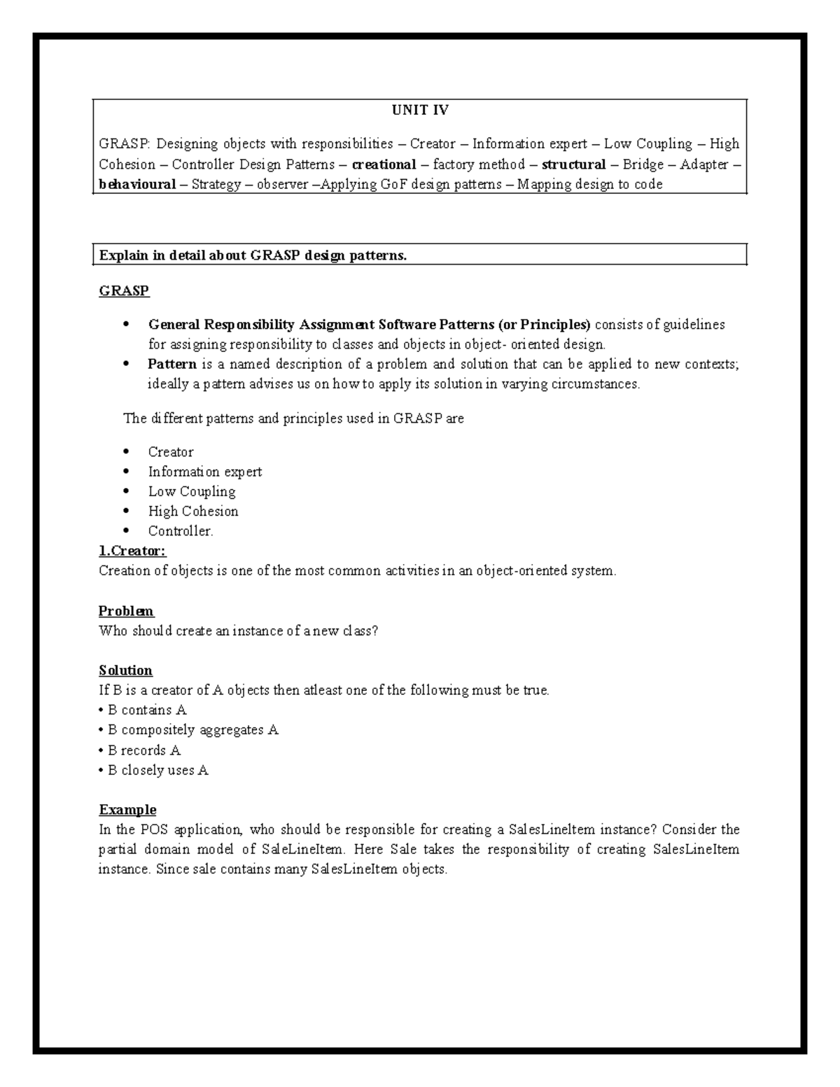 GRASP Design Patterns: Responsibilities, Principles & Examples (Unit IV ...