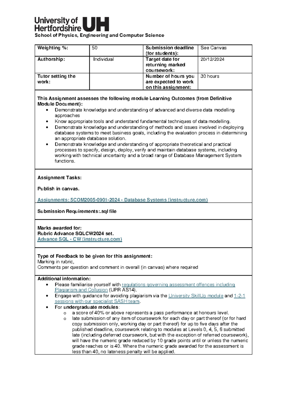 Advanced SQL Coursework Specification - 5COM2005-0901-2024 - Studocu