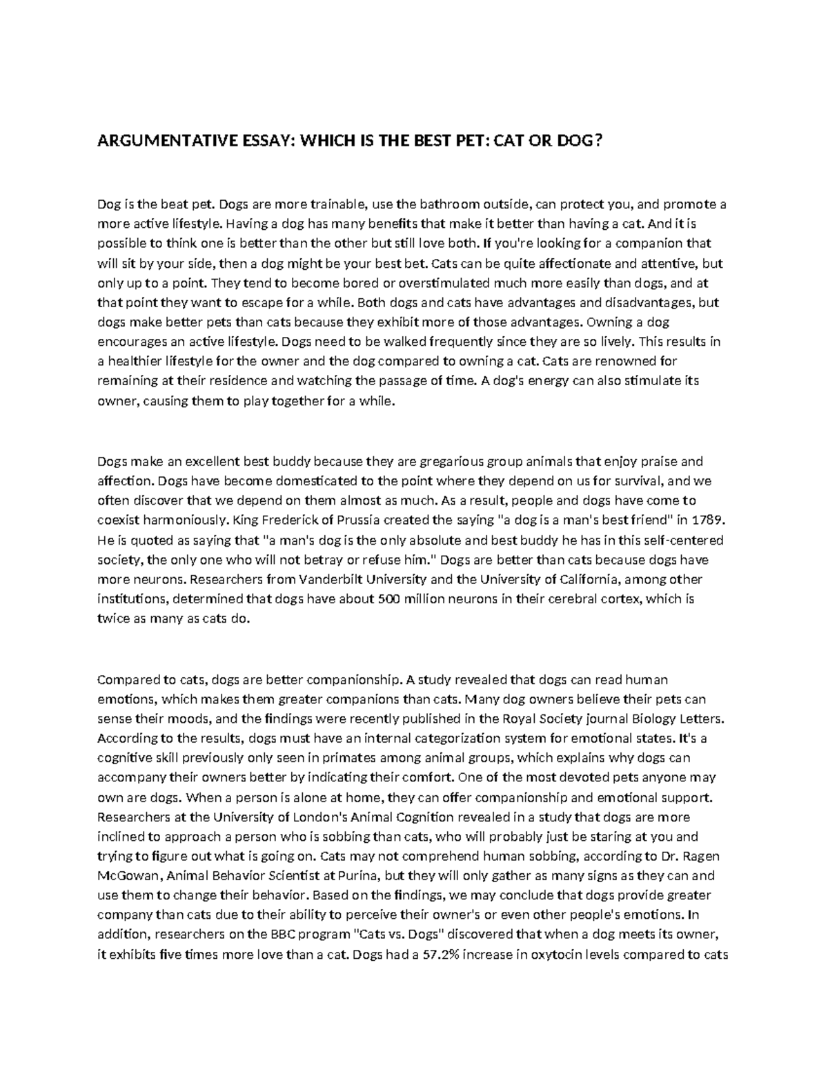 Argumentative Essay: Why Dogs Make Better Pets Than Cats - Studocu