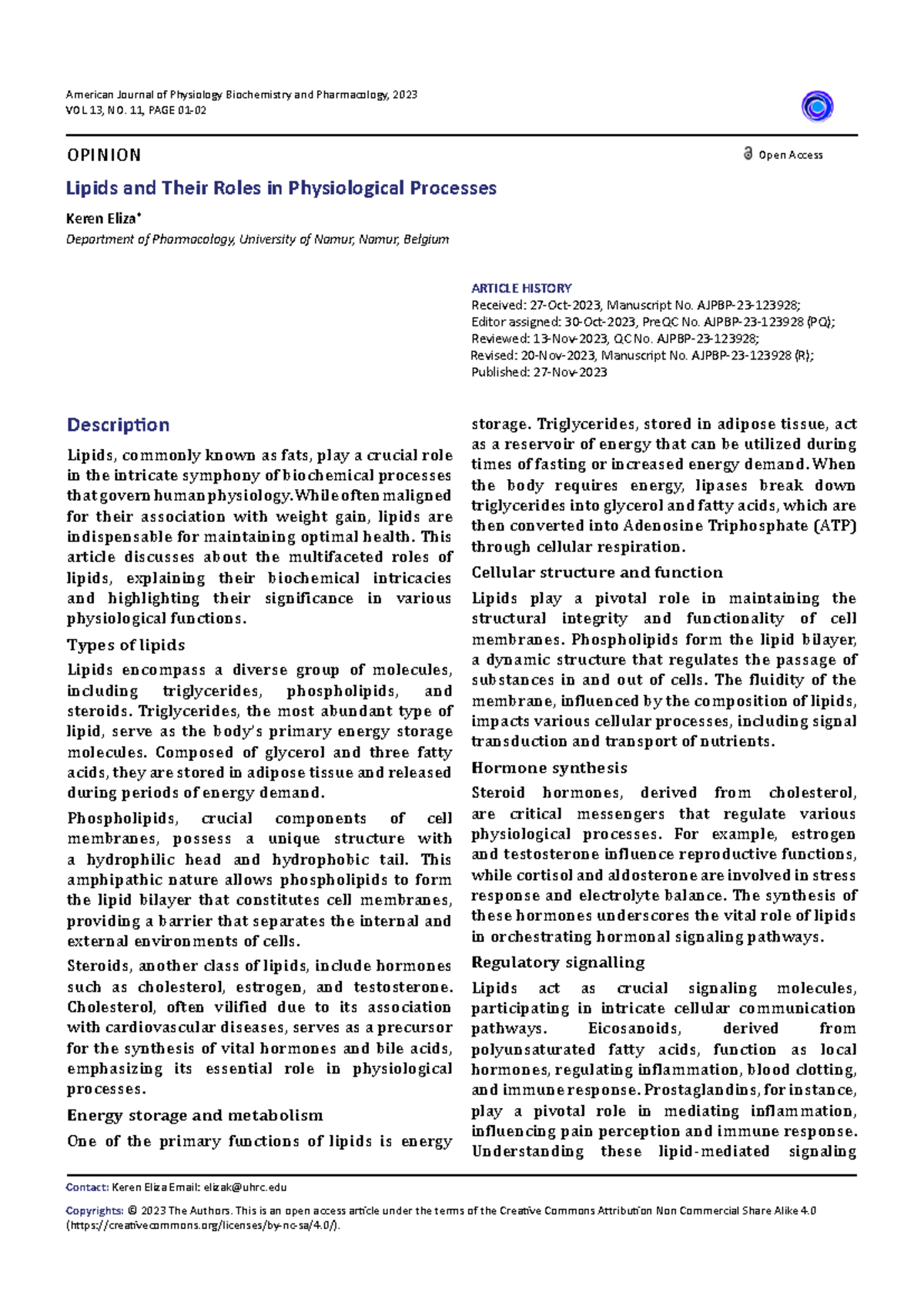 Lipids and their roles in physiological processes - OPINION Open Access ...