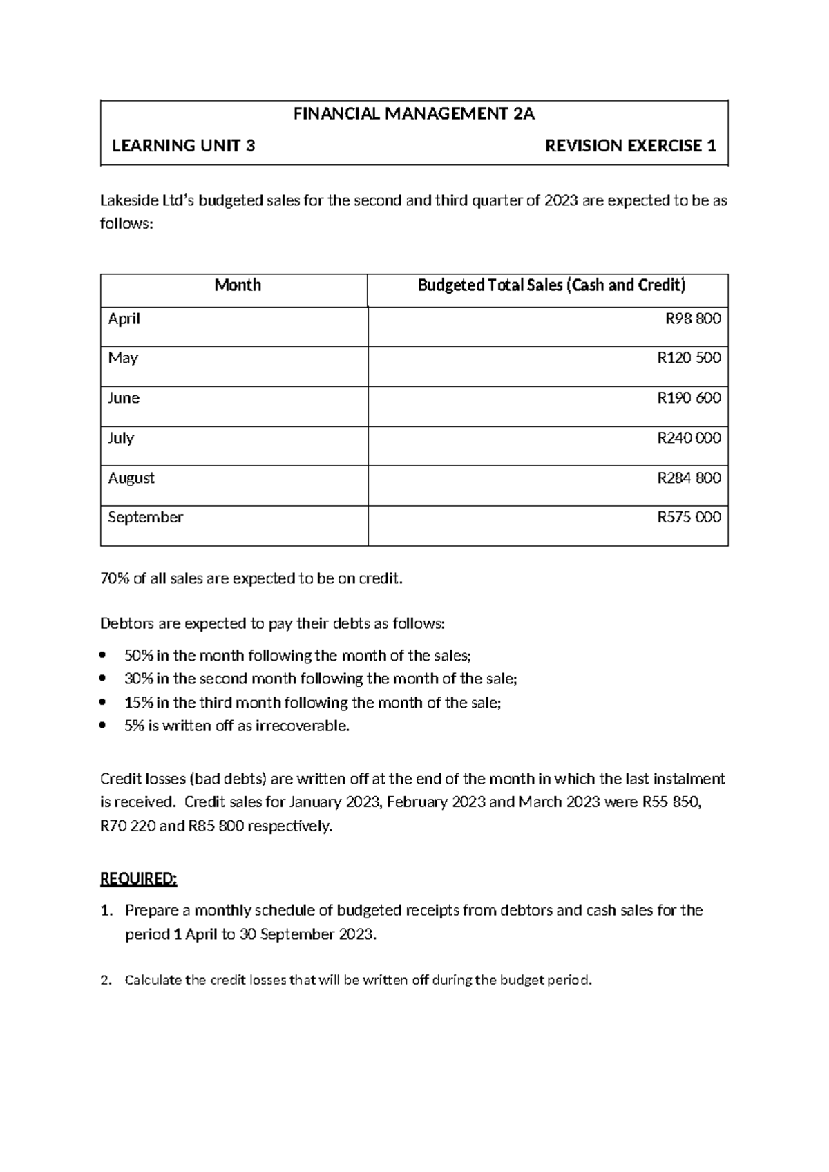 FINANCIAL MANAGEMENT 2A LU3 REVISION EXERCISE 1 PRACTICE - Studocu