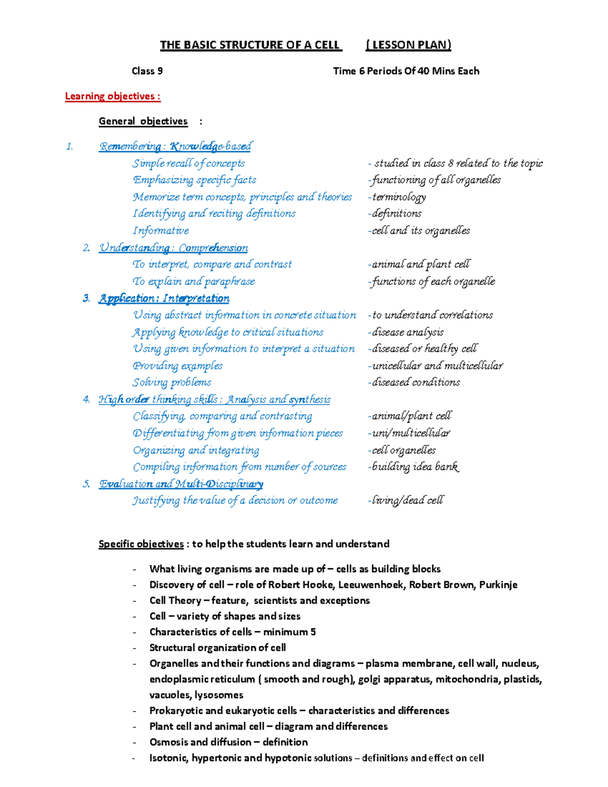 Lesson plan - THE BASIC STRUCTURE OF A CELL ( LESSON PLAN) Class 9 Time ...