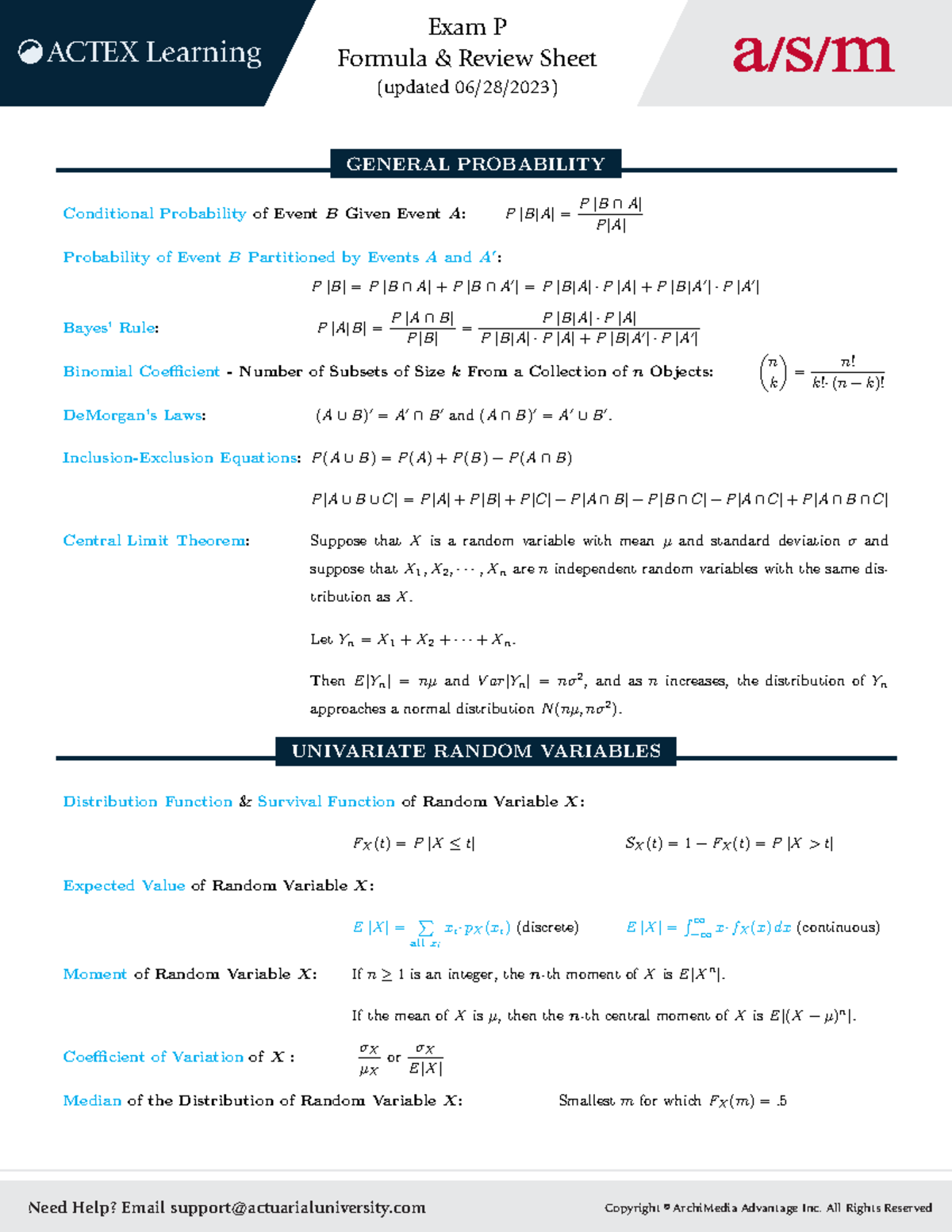 P FS - Probability Exam Formula & Review Sheet - Studocu