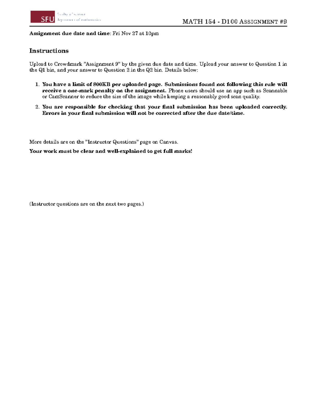 154 assignment 9 - MATH 154 - D100 ASSIGNMENT Assignment due date and ...