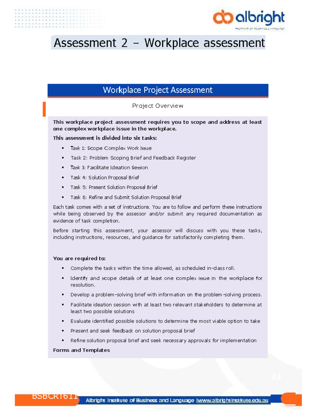 BSBCRT611 Assessment 2 - Workplace Project Overview and Tasks - Studocu
