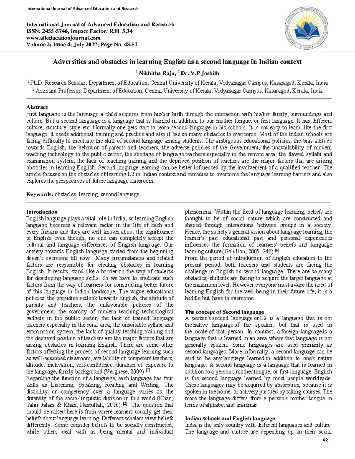 MAEN115 N: Challenges and Solutions in Learning English as a Second ...