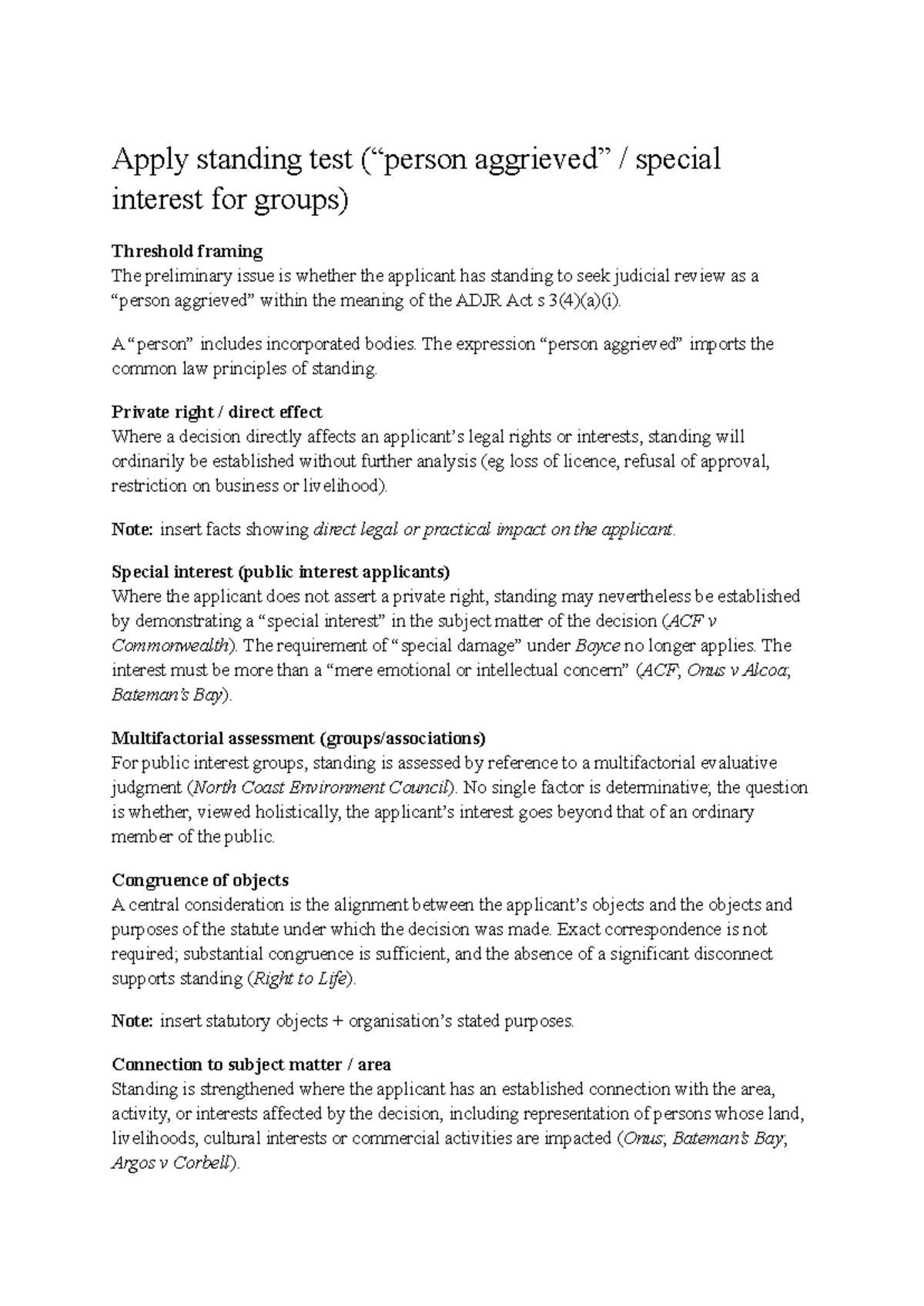 LLH206 Topic 1: Standing Test and Special Interest Groups Analysis ...